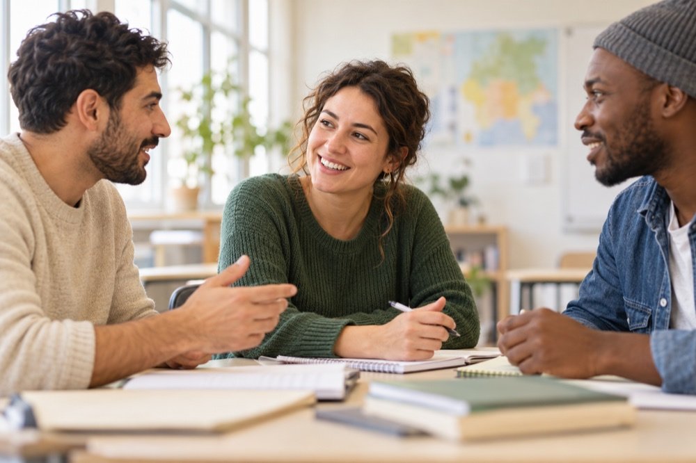 Adults practicing German together