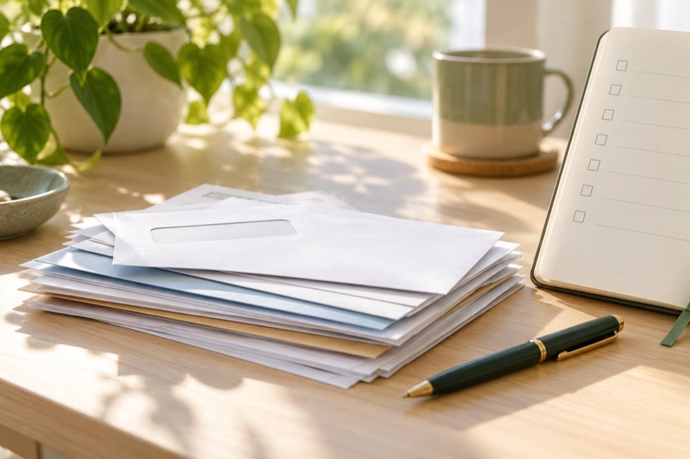 Organized letters and a notebook on a desk