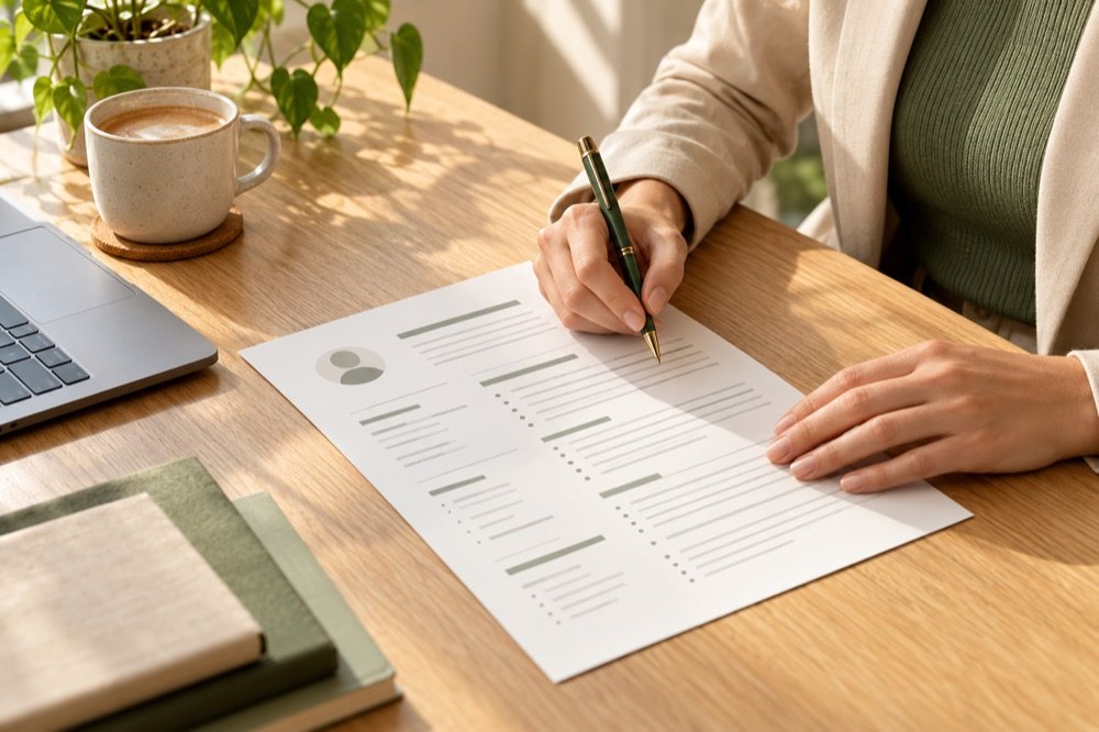Hands preparing a CV at a desk